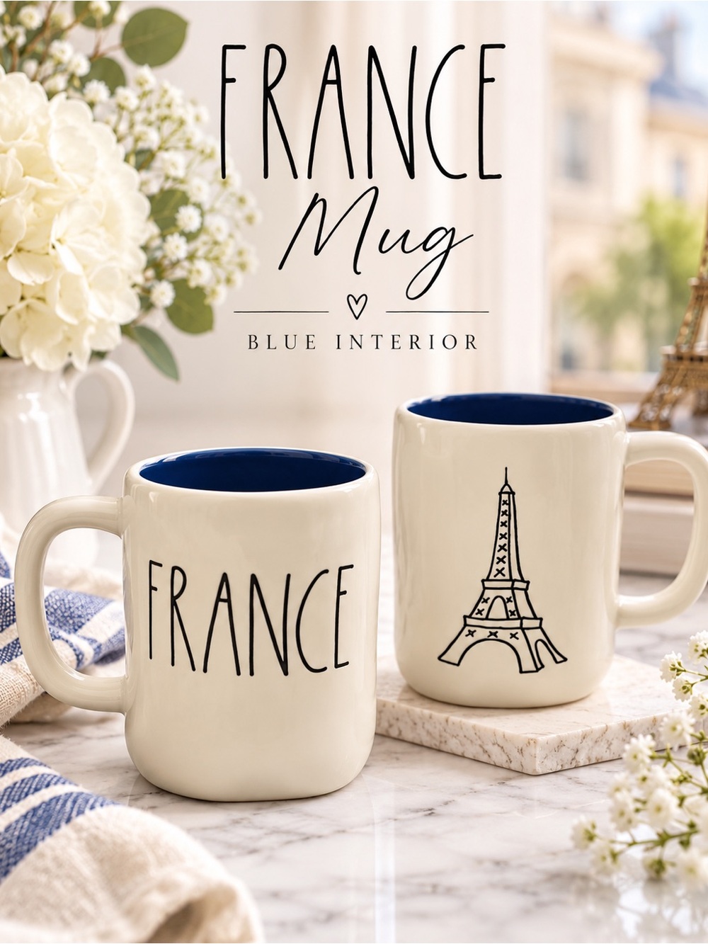 Rae Dunn France Mug Blue Interior Eiffel Tower Ceramic Coffee Cup Paris